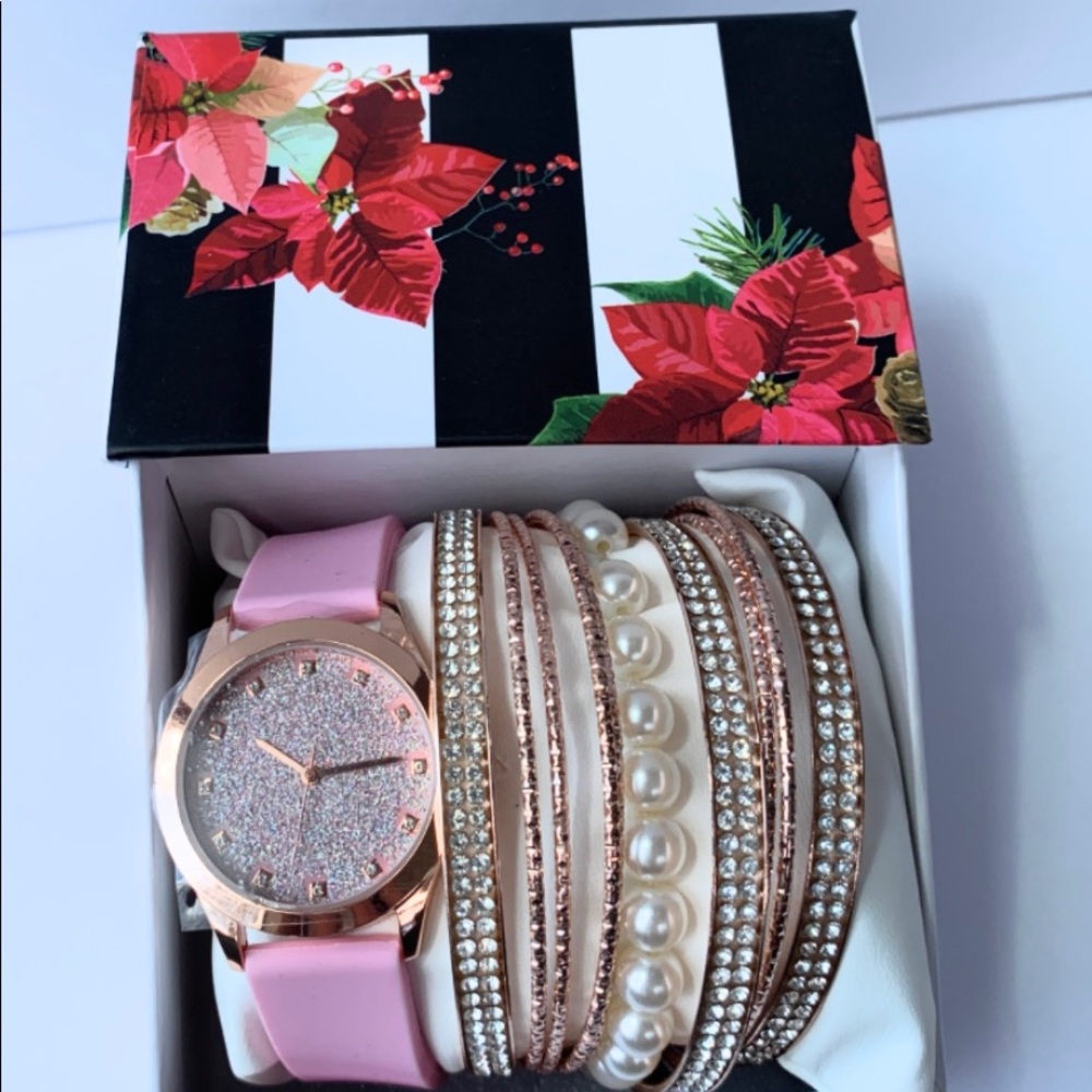 Pink watch and bracelet set